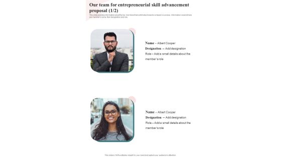 Our Team For Entrepreneurial Skill Advancement Proposal One Pager Sample Example Document Our Team For Entrepreneurial Skill Advancement Proposal One Pager Sample Example Document