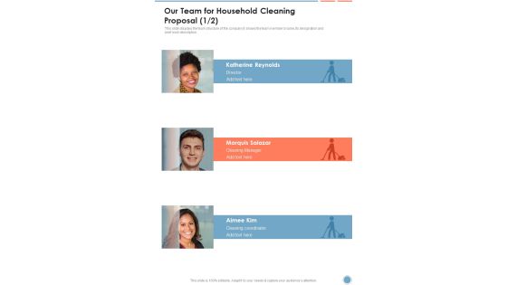 Our Team For Household Cleaning Proposal One Pager Sample Example Document