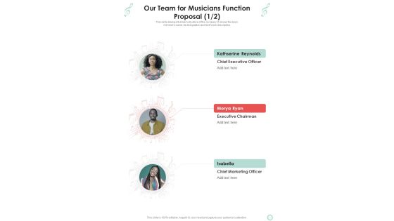 Our Team For Musicians Function Proposal One Pager Sample Example Document