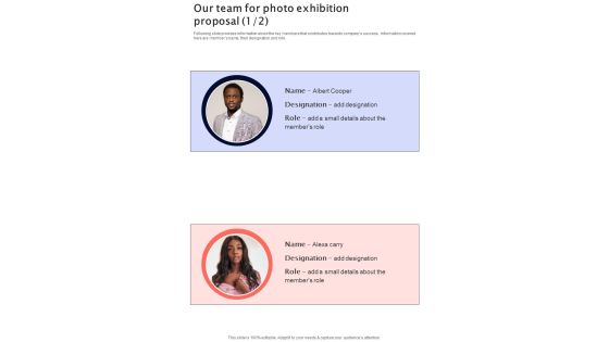 Our Team For Photo Exhibition Proposal One Pager Sample Example Document Our Team For Photo Exhibition Proposal One Pager Sample Example Document