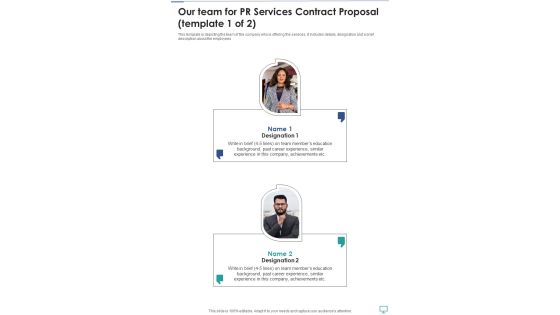 Our Team For Pr Services Contract Proposal One Pager Sample Example Document Our Team For Pr Services Contract Proposal One Pager Sample Example Document