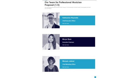 Our Team For Professional Musician Proposal One Pager Sample Example Document