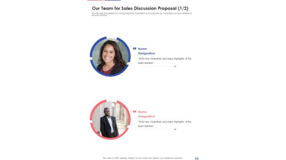 Our Team For Sales Discussion Proposal One Pager Sample Example Document Our Team For Sales Discussion Proposal One Pager Sample Example Document