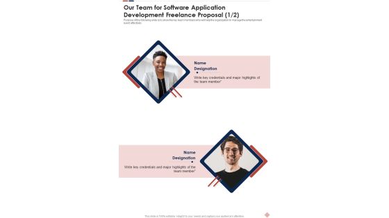 Our Team For Software Application Development Freelance Proposal One Pager Sample Example Document Our Team For Software Application Development Freelance Proposal One Pager Sample Example Document