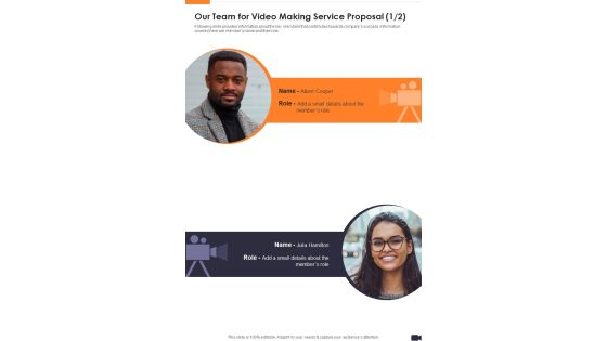 Our Team For Video Making Service Proposal One Pager Sample Example Document Our Team For Video Making Service Proposal One Pager Sample Example Document