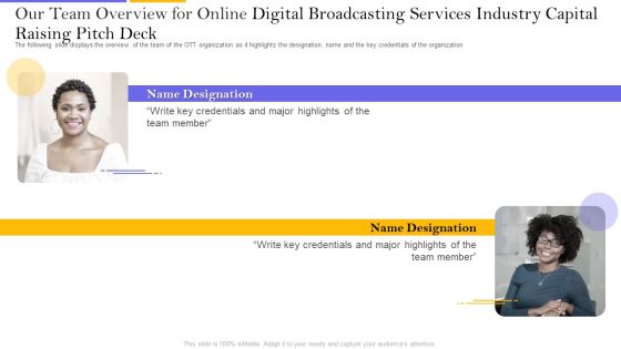 Our Team Overview For Online Digital Broadcasting Services Industry Capital Raising Pitch Clipart PDF