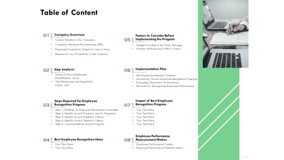 Outstanding Performer Workplace Table Of Content Ppt Professional Designs Download PDF Outstanding Performer Workplace Table Of Content Ppt Professional Designs Download PDF