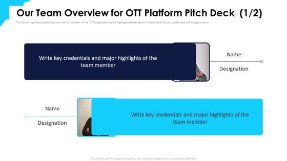 Over Top Media Service Industry Capital Funding Our Team Overview For Ott Platform Pitch Deck Designation Template PDF