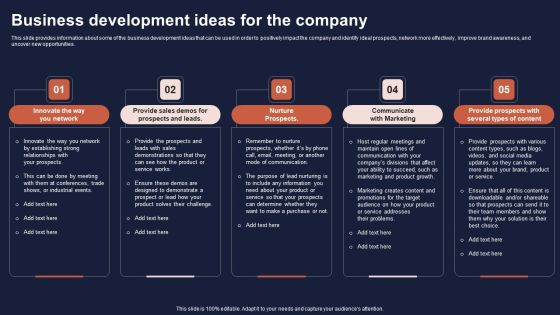 Overview Of Business Growth Plan And Tactics Business Development Ideas For The Company Formats PDF