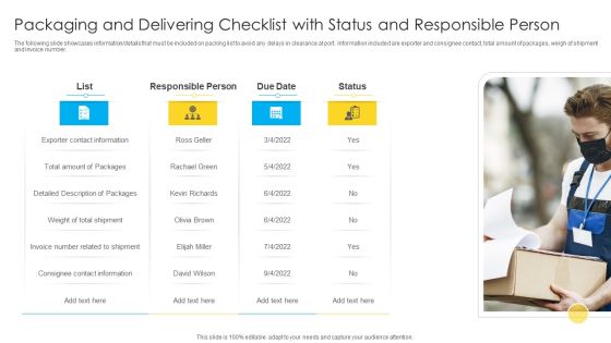 Packaging And Delivering Checklist With Status And Responsible Person Themes PDF Packaging And Delivering Checklist With Status And Responsible Person Themes PDF