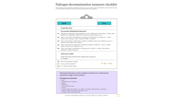 Pathogen Decontamination Measures Checklist One Pager Sample Example Document Pathogen Decontamination Measures Checklist One Pager Sample Example Document