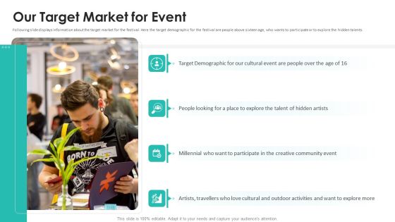 Patronage Elevator Pitch Deck Our Target Market For Event Guidelines PDF Patronage Elevator Pitch Deck Our Target Market For Event Guidelines PDF