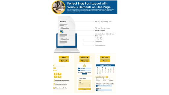 Perfect Blog Post Layout With Various Elements On One Page PDF Document PPT Template