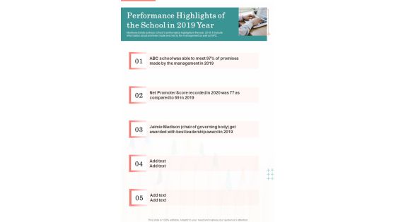 Performance Highlights Of The School In 2019 Year One Pager Documents Performance Highlights Of The School In 2019 Year One Pager Documents