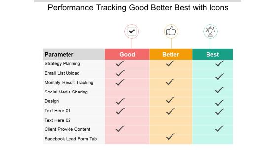 Performance Tracking Good Better Best With Icons Ppt Powerpoint Presentation Show Graphics Performance Tracking Good Better Best With Icons Ppt Powerpoint Presentation Show Graphics