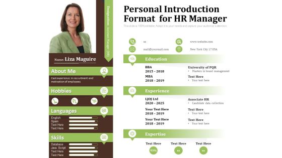 Personal Introduction Format For HR Manager Ppt PowerPoint Presentation Gallery Slide PDF Personal Introduction Format For HR Manager Ppt PowerPoint Presentation Gallery Slide PDF