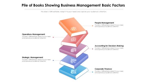 Pile Of Books Showing Business Management Basic Factors Ppt PowerPoint Presentation File Example Topics PDF