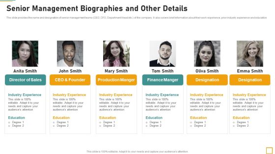 Pitch Book For Investor Funding Contract Senior Management Biographies And Other Details Elements PDF