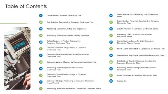 Pitch Deck For End User Electronics Companies Table Of Contents Portrait PDF Pitch Deck For End User Electronics Companies Table Of Contents Portrait PDF