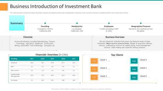 Pitch Deck For General Advisory Deal Business Introduction Of Investment Bank Rules PDF Pitch Deck For General Advisory Deal Business Introduction Of Investment Bank Rules PDF
