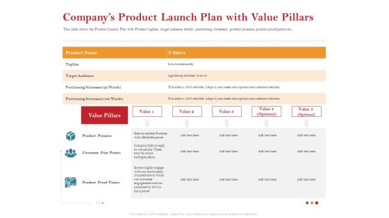 Pitch Deck For Raising Capital For Inorganic Growth Companys Product Launch Plan With Value Pillars Guidelines PDF