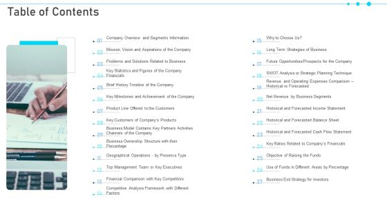 Pitch Deck For Raising Capital From Business Finances Table Of Contents Clipart PDF