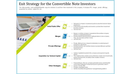 Pitch Deck For Short Term Debt Financing Exit Strategy For The Convertible Note Investors Topics PDF