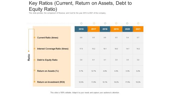 Pitch Deck Raise Capital Interim Financing Investments Key Ratios Current Return On Assets Debt To Equity Ratio Sample PDF