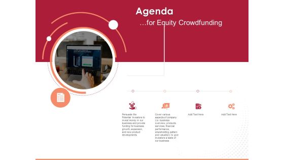 Pitch Deck To Raise Funding From Equity Crowdfunding Agenda Ppt Infographic Template Examples PDF