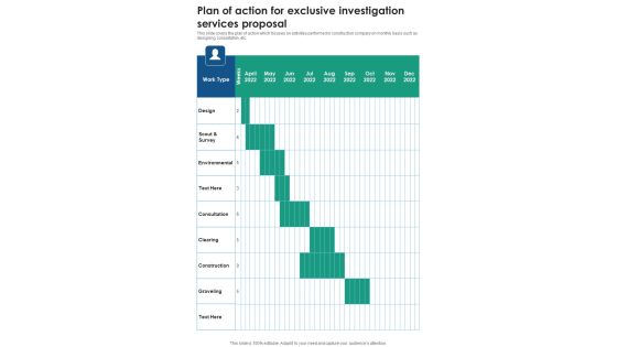 Plan Of Action For Exclusive Investigation Services Proposal One Pager Sample Example Document