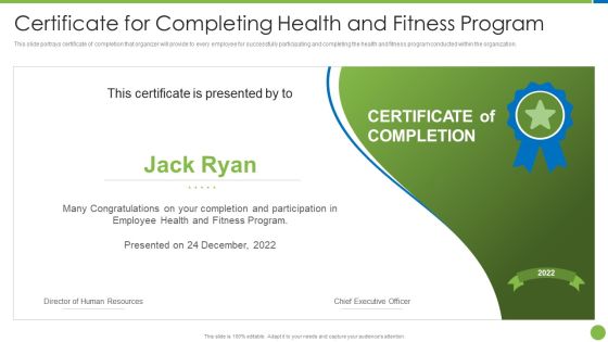 Playbook For Staff Wellbeing Certificate For Completing Health And Fitness Program Professional PDF
