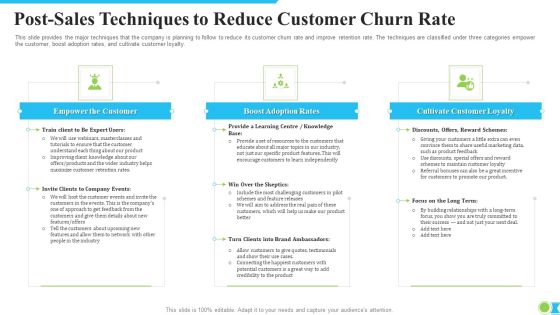 Post-Sales Techniques To Reduce Customer Churn Rate Ppt Slides Graphics Template PDF Post-Sales Techniques To Reduce Customer Churn Rate Ppt Slides Graphics Template PDF