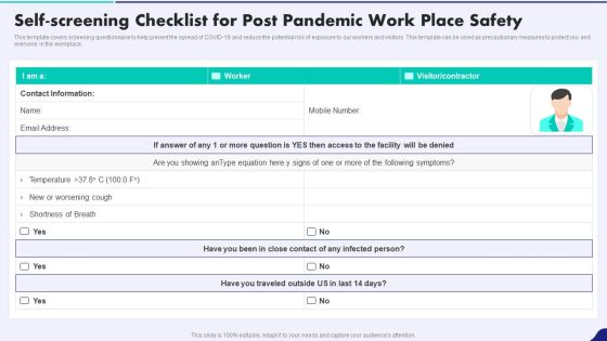 Post Pandemic Corporate Playbook Self Screening Checklist For Post Pandemic Work Place Safety Designs PDF Post Pandemic Corporate Playbook Self Screening Checklist For Post Pandemic Work Place Safety Designs PDF