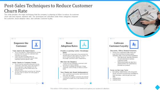 Post Sales Techniques To Reduce Customer Churn Rate Ppt Icon Graphic Images PDF Post Sales Techniques To Reduce Customer Churn Rate Ppt Icon Graphic Images PDF