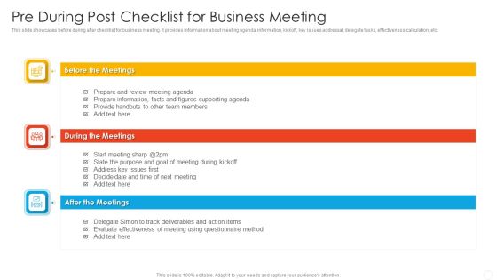 Pre During Post Checklist For Business Meeting Elements PDF Pre During Post Checklist For Business Meeting Elements PDF