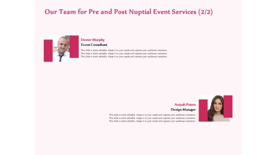 Pre Postnuptial Our Team For Pre And Post Nuptial Event Services Consultant Ppt Background Images PDF Pre Postnuptial Our Team For Pre And Post Nuptial Event Services Consultant Ppt Background Images PDF