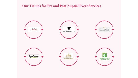 Pre Postnuptial Our Tie Ups For Pre And Post Nuptial Event Services Ppt Portfolio Examples PDF