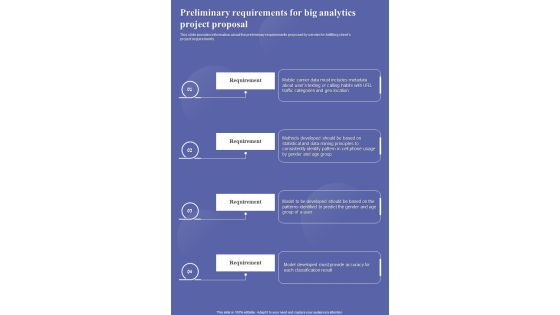 Preliminary Requirements For Big Analytics Project Proposal One Pager Sample Example Document Preliminary Requirements For Big Analytics Project Proposal One Pager Sample Example Document