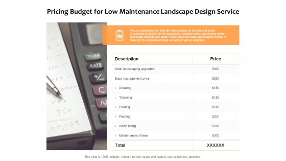 Pricing Budget For Low Maintenance Landscape Design Service Ppt PowerPoint Presentation Pictures Icon