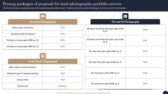 Pricing Packages Of Proposal For Land Photography Portfolio Service Mockup PDF