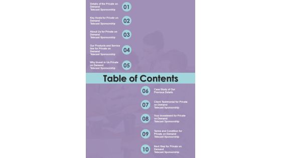 Private On Demand Telecast Sponsorship Proposal Table Of Contents One Pager Sample Example Document Private On Demand Telecast Sponsorship Proposal Table Of Contents One Pager Sample Example Document