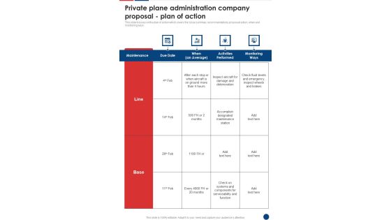 Private Plane Administration Company Proposal Plan Of Action One Pager Sample Example Document Private Plane Administration Company Proposal Plan Of Action One Pager Sample Example Document