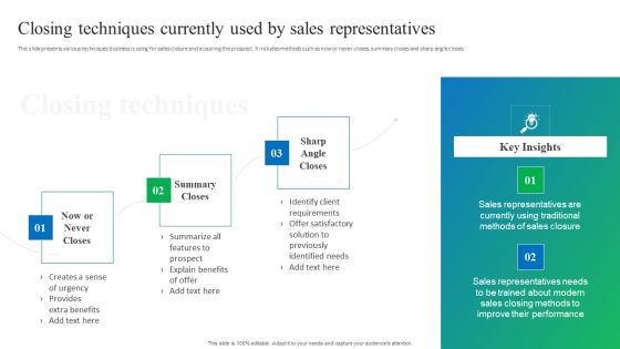 Process Enhancement Plan To Boost Sales Performance Closing Techniques Currently Used By Sales Representatives Template PDF Process Enhancement Plan To Boost Sales Performance Closing Techniques Currently Used By Sales Representatives Template PDF