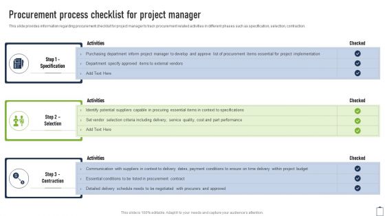 Procurement Process Checklist For Project Manager Project Managers Playbook Template PDF