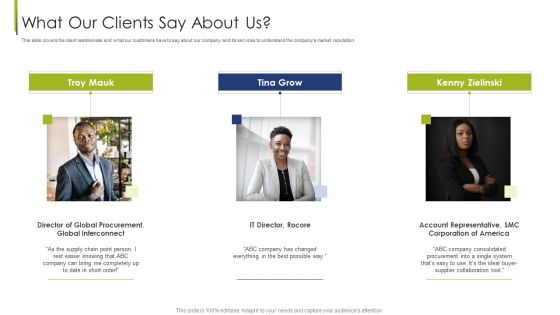 Procurement Vendor What Our Clients Say About Us Ppt Ideas Brochure PDF Procurement Vendor What Our Clients Say About Us Ppt Ideas Brochure PDF