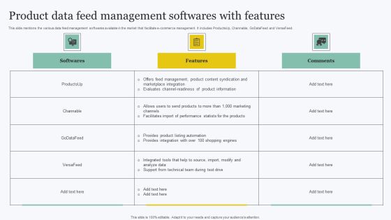 Product Data Feed Management Softwares With Features Icons PDF