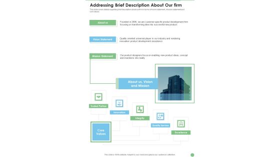 Product Expansion Proposal Addressing Brief Description About Our Firm One Pager Sample Example Document Product Expansion Proposal Addressing Brief Description About Our Firm One Pager Sample Example Document