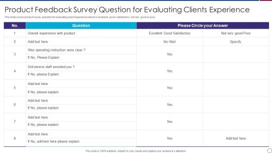 Product Feedback Survey Question For Evaluating Clients Experience Sample PDF Product Feedback Survey Question For Evaluating Clients Experience Sample PDF