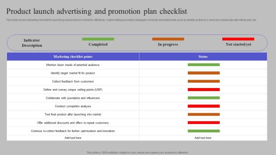 Product Launch Advertising And Promotion Plan Checklist Slides PDF
