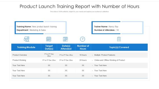 Product Launch Training Report With Number Of Hours Ppt PowerPoint Presentation Inspiration Master Slide PDF Product Launch Training Report With Number Of Hours Ppt PowerPoint Presentation Inspiration Master Slide PDF